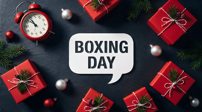 Boxing Day announcement sign with red gifts and festive decorations