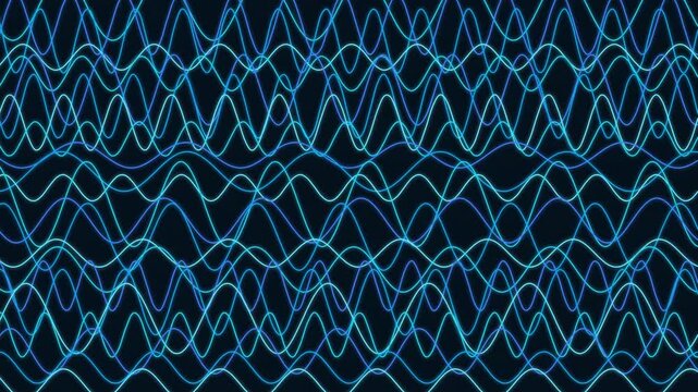 Cyan wave lines overlapping in intricate digital frequencies across a dark blue field, evoking modern technological data visualization textures.