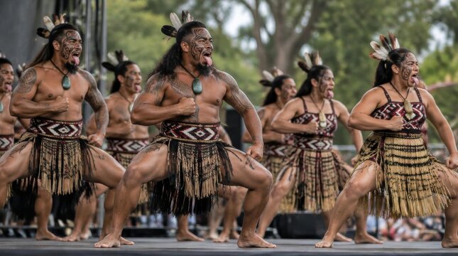Traditional Pacific Islander dancers performing a powerful cultural dance