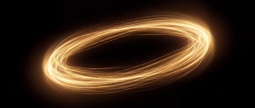 Glowing ring of swirling golden light trails creating an elliptical magic portal aura, isolated for sci-fi gaming visual effects and fantasy design overlays, for design use
