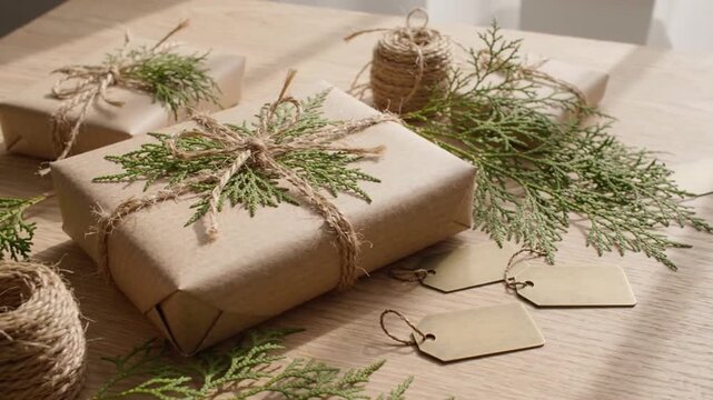 Christmas gift boxes wrapped in brown paper with evergreen branches and twine on wooden table