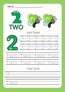 Educational math worksheet for children to practice writing, counting, and tracing the number two (2). Printable handwriting and number recognition activity page designed for preschool, kindergarten, 