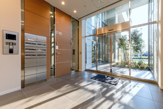 マンションエントランス明るい日差し近代的な集合住宅玄関