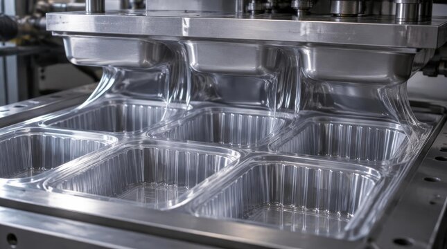 Industrial machine thermoforming clear plastic trays in manufacturing plant