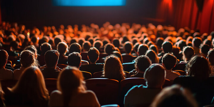 A large crowd of diverse people sit in comfortable plush seats inside a dark cinema hall, watching a bright movie screen project light across the packed auditorium during a special evening entertainme