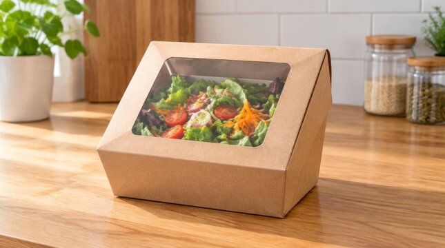 Brown paper takeout box with fresh salad on wooden kitchen counter