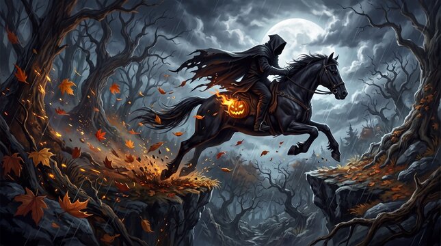 A terrifying hooded figure riding a powerful steed across a dangerous cliffside chasm during a dark autumn night filled with glowing leaves and bright moonlight overhead. Halloween, 4k