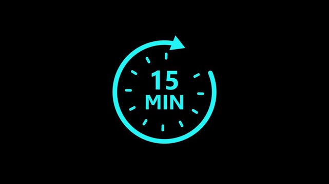 Timer 15 minutes countdown clock with circular arrow on Black background. Clock with 15 minute and circular arrows timer animation. 15 Min arrow clock icon animation