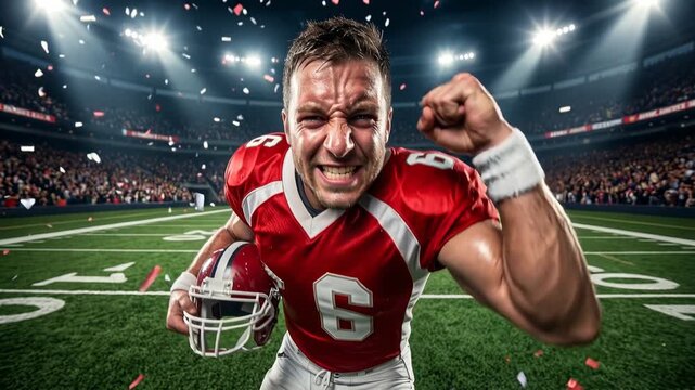 A triumphant American football player in a red uniform raises his fist in celebration amidst falling confetti on a brightly lit stadium field, dynamic stock video scene with