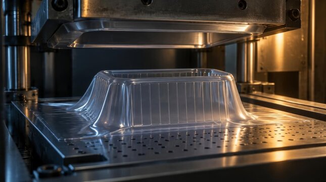 Plastic thermoforming machine shaping container in industrial factory setting