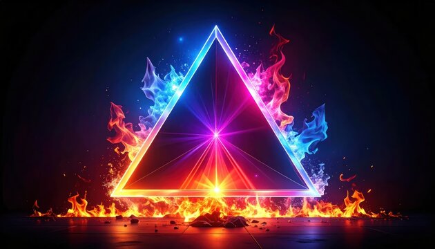 Glowing neon triangle symbol with blue and orange flames.