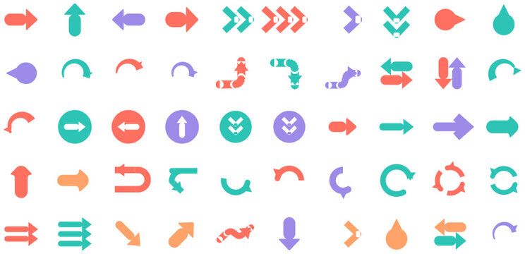 Rounded Friendly Arrows Vector Set - 50 Soft Curved Pastel Icons for App & Web