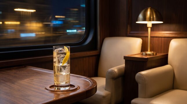 Whisky highball beside a night train window and reading lamp