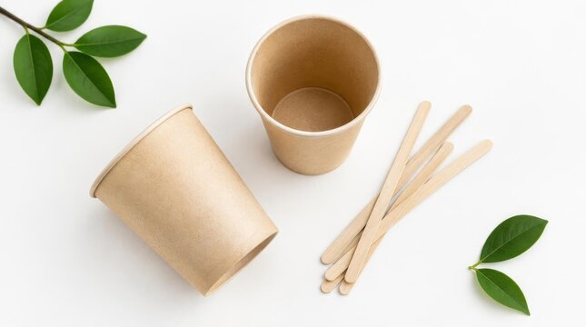 Eco friendly paper cups with wooden stirrers and green leaves on white