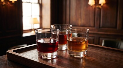 Fototapeta premium Three port wine glasses on a wooden tasting tray