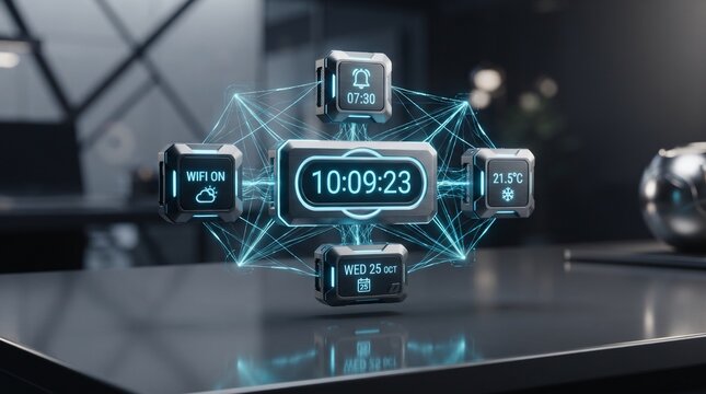Modular digital desk clock with separate time, alarm, temperature and calendar modules connected by electric cyan illumination and ice blue accents.