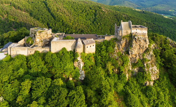 Old castle ruins with the view to Danube river valley. Aggstein, Austria, Wachau valley, popular travel destination.
