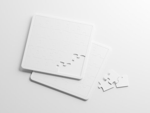 3D render minimalist blank white square jigsaw puzzle mockup. Square puzzle game template mockup