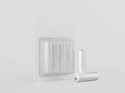 3D render minimalist battery blister pack packaging mockup. AA battery blister card packaging mockup
