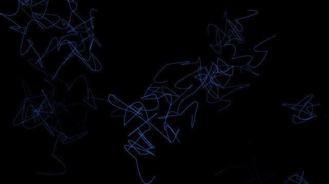 Glowing blue squiggly neon light paths on a dark black background, suitable for abstract digital designs and modern aesthetics.