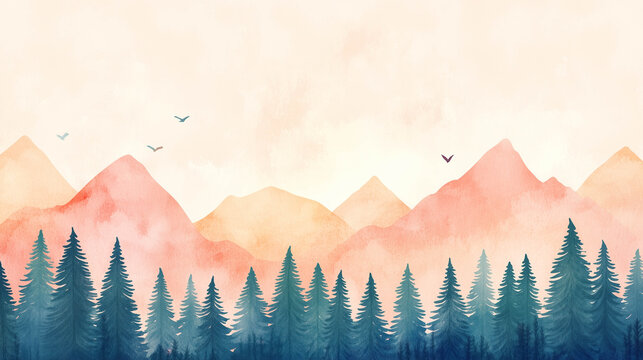 An illustration of a watercolor style of pine trees with mountains.
