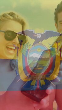 Vertical video: Tourists moving near group, phone showing leading beer clinks with Ecuador-overlay