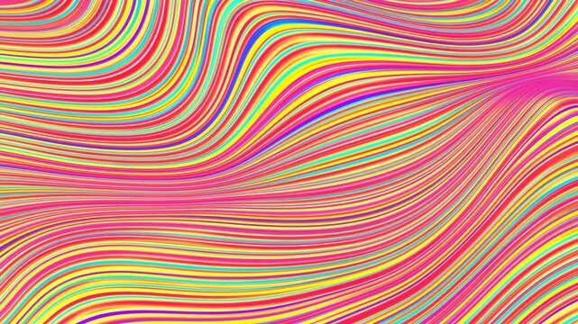 Multicolored parallel lines flow and bend into shifting waves across a pale background, forming dense rainbow curves that smoothly converge, stretch, and ripple through the frame