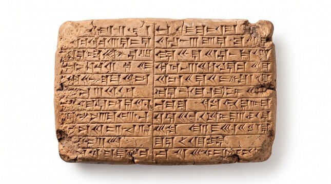 Ancient Mesopotamian clay tablet featuring detailed cuneiform writing script isolated on white background
