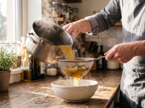 Chef straining clear broth through fine mesh sieve
