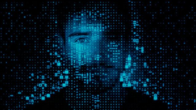 Human Face dissolving into Digital Code, representing Identity And Access Management Concept.