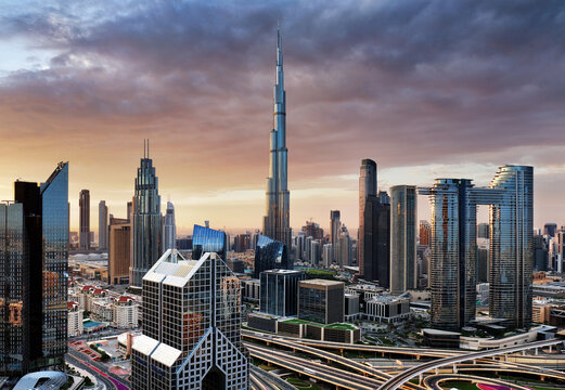 Beautiful aerial sunrise in Dubai centre with panoramic skyline view, UAE