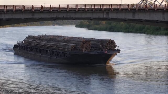 Cargo barge passing beneath a low river bridge