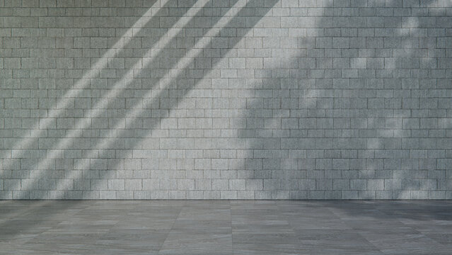Brick Wall Scenery with Vacant Tiled Floor, Slanting Sunlight and Shadow Play. Property Development Concept with copy-space.