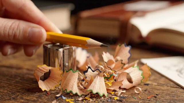 Sharpening Creativity: A hand meticulously sharpens a yellow pencil over a metal sharpener, surrounded by wood shavings, with open books in the background, suggesting study and artistic endeavor.