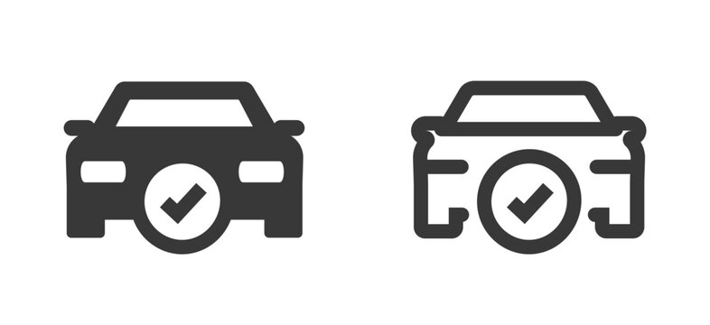 Car vehicle inspection check mark icon line stroke outline, automotive maintenance repair service solid bold sign symbol pictogram, automobile quality verification approval, auto diagnosis certified
