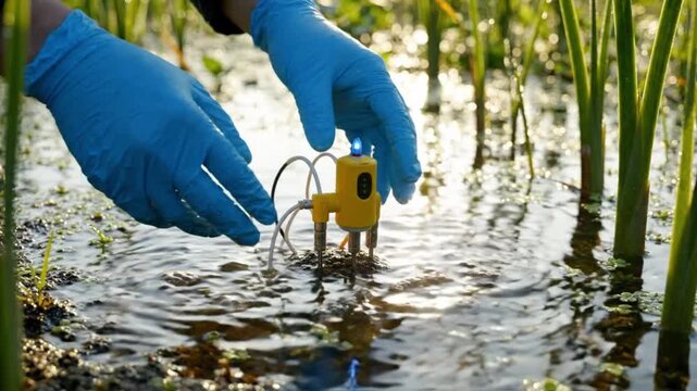 Agricultural Research in the Field: A scientist in blue gloves uses a sensor to measure soil moisture in a flooded rice paddy, amidst lush green shoots.