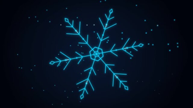 Glowing blue neon snowflake shining on a dark background with sparkling lights