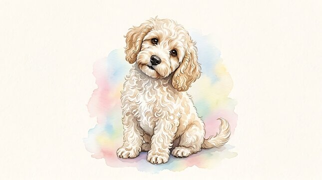 Cute fluffy cream puppy sitting watercolor painting pastel splashes isolated beige background hand drawn illustration adorable pet