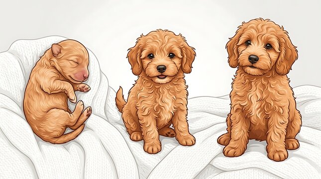 Three stages growth apricot poodle puppy sleeping sitting on white mat isolated background cute fluffy dog development timeline adorable