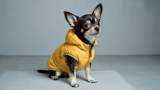 Small black Chihuahua dog wearing yellow jacket sitting indoors on gray studio floor for pet apparel