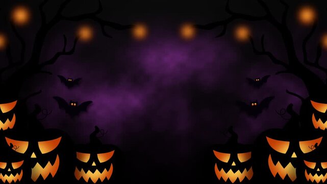 Spooky Halloween Background Frame with Glowing Pumpkin Faces and Flying Bats Animation.