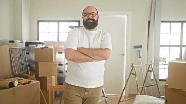 Man standing amid packed boxes and moving supplies, arms crossed and smiling inside an apartment building during relocation; new home satisfaction.