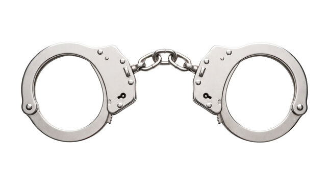 Metallic silver handcuffs for law enforcement, professional steel police hand cuffs, criminal justice and security equipment isolated PNG with Transparent Background