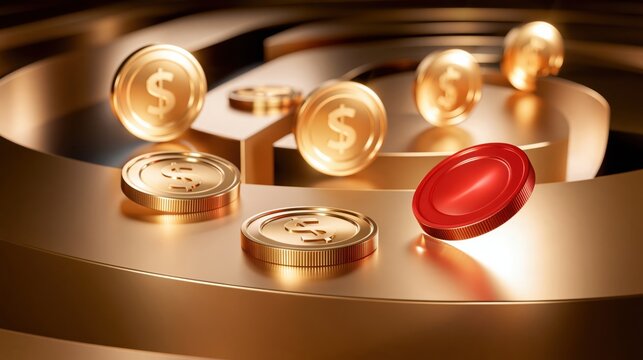 Golden dollar coins and one red coin arranged on curved metallic platforms with glowing highlights and warm lighting