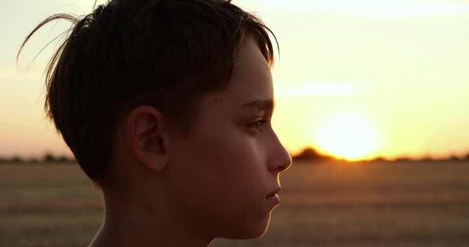 Young boy watches sunset in profile across golden field. Kid enjoys nature at dusk. Cinematic close up shows thoughtful face and warm sunlight. Rural summer landscape creates calm mood.