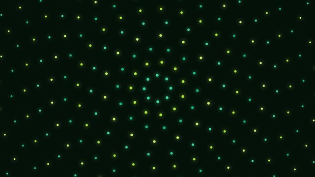 Geometric matrix of glowing green and yellow dots forms an expansive grid pattern against a dark forest green textured background with atmospheric lighting.