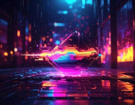 Glowing neon glitch abstract shape on rainy night street.