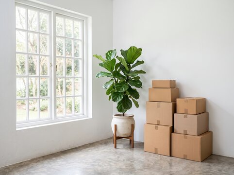 引越し作業終えた無人の部屋にダンボールと観葉植物