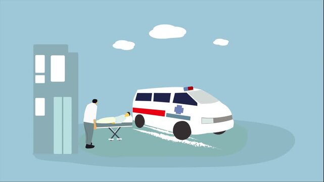 Quick vehicle for patient transfer into medical, quick treatment concept, 2d animation