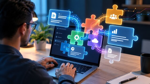 Developer working on computer with holographic software puzzle pieces showing workflow integration data analysis cloud storage and digital project management.